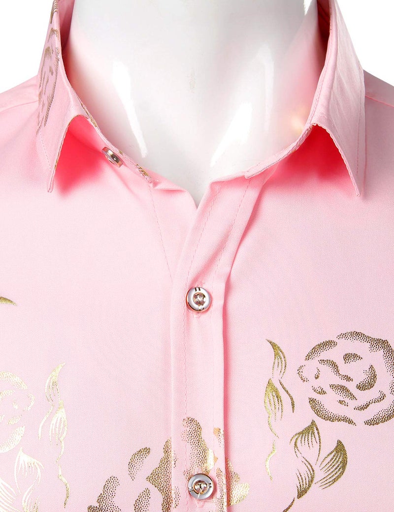 ZEROYAA Mens Hipster Gold Rose Printed Slim Fit Short Sleeve Button Down Dress Shirts ZZCL41 Pink X-Large - Image 3
